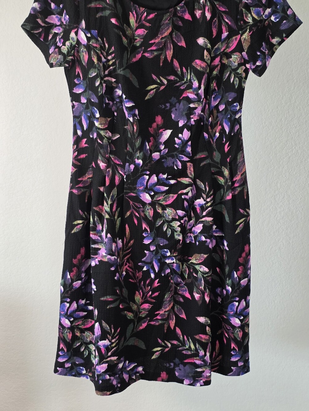 Connected Apparel Size 6 Black Floral Fit Flare A-Line Midi Dress Pink Purple - Picture 4 of 9